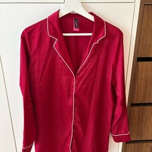 La Senza Women's Red Long Sleeve Satin Pajama Top with Contrast Piping